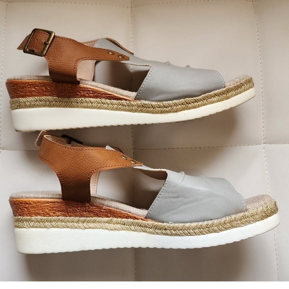 Two-Tone Platform Espadrille Wedge Sandals Grey Brown Size 41 Pleated Slingback